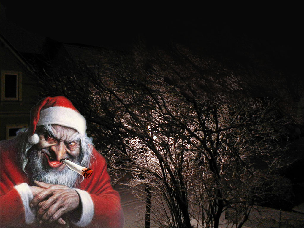 A mean looking Santa Claus smoking a joint